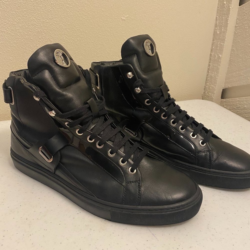 Versace Collection Black patent leather harness high top
